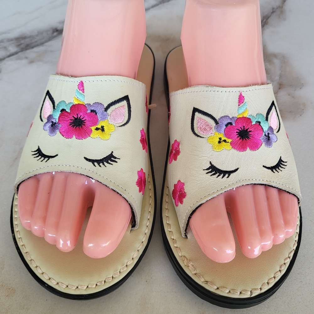 El Pequeno Gigante Size 7 Unicorn Leather Slides Mexican Hurarache Style Women's